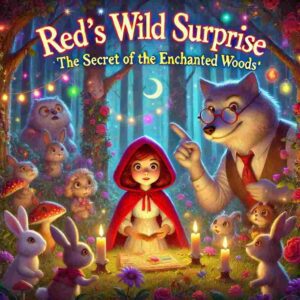 A whimsical poster featuring Little Red Riding Hood in a glowing enchanted forest, surrounded by friendly animals and a cheerful wolf holding a clipboard.